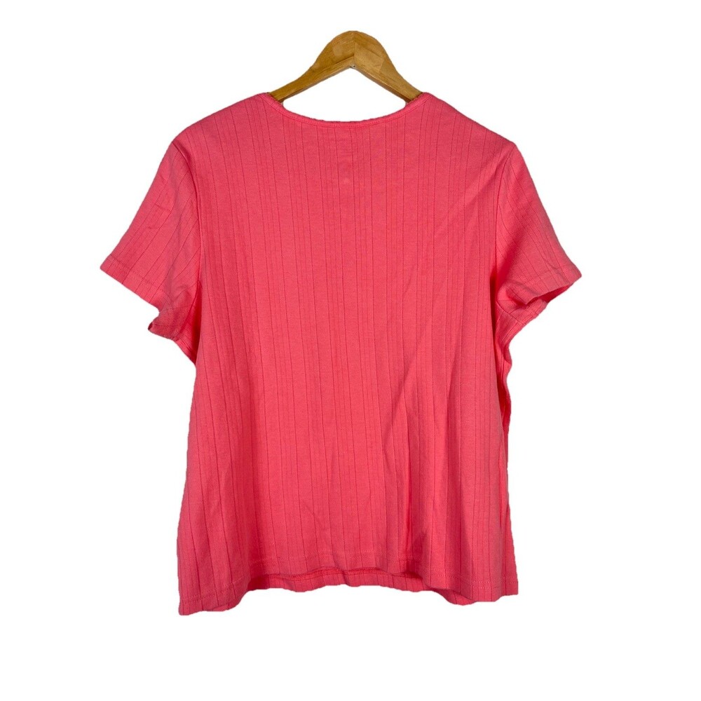 Basic Editions Women’s XL Pink Ribbed Cotton Henley Top Short Sleeve Floral - Picture 5 of 8